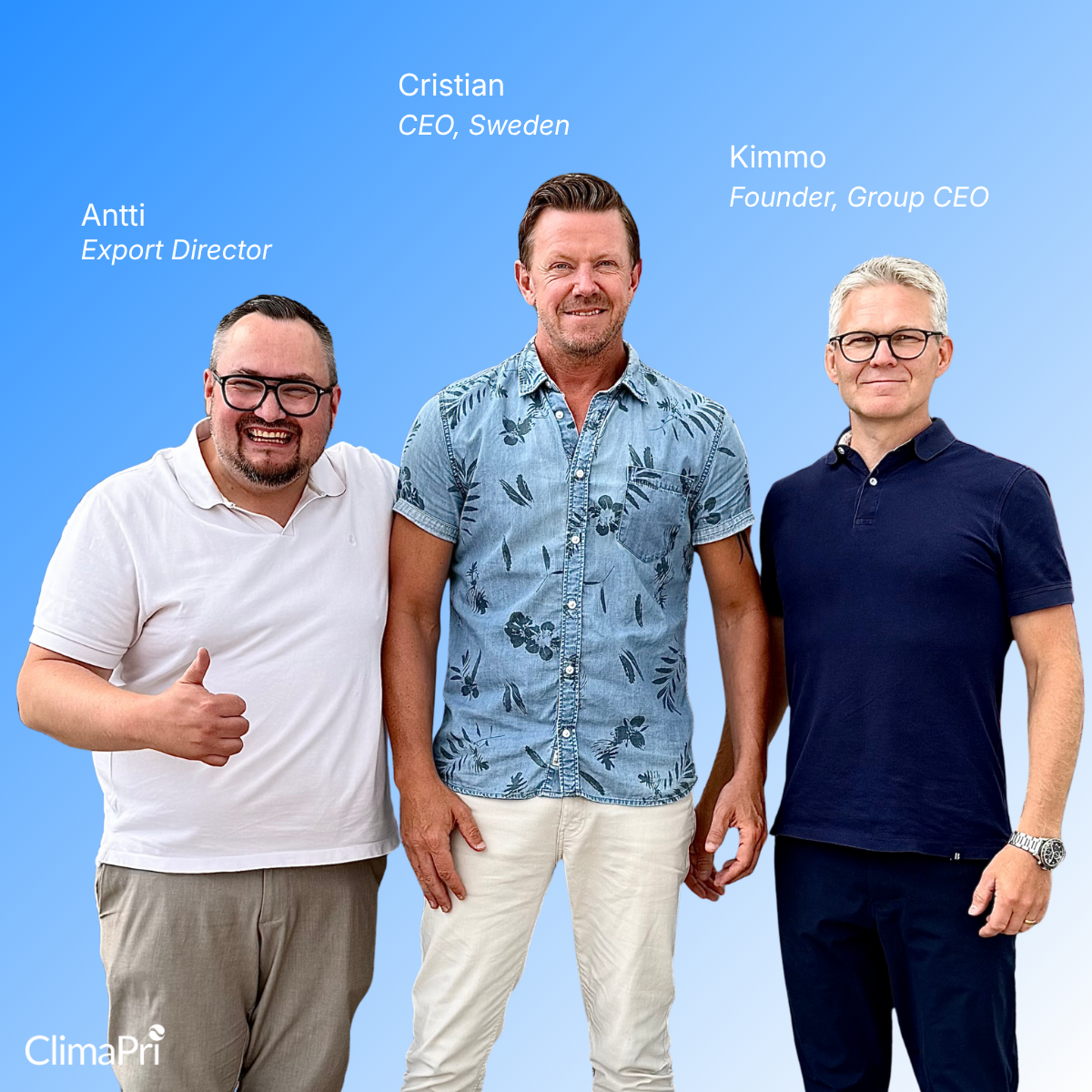 ClimaPri's leadership: Antti Kinnunen (Export Director), Cristian Sterning (CEO, Sweden) and Kimmo Pelkonen (Founder & Group CEO).